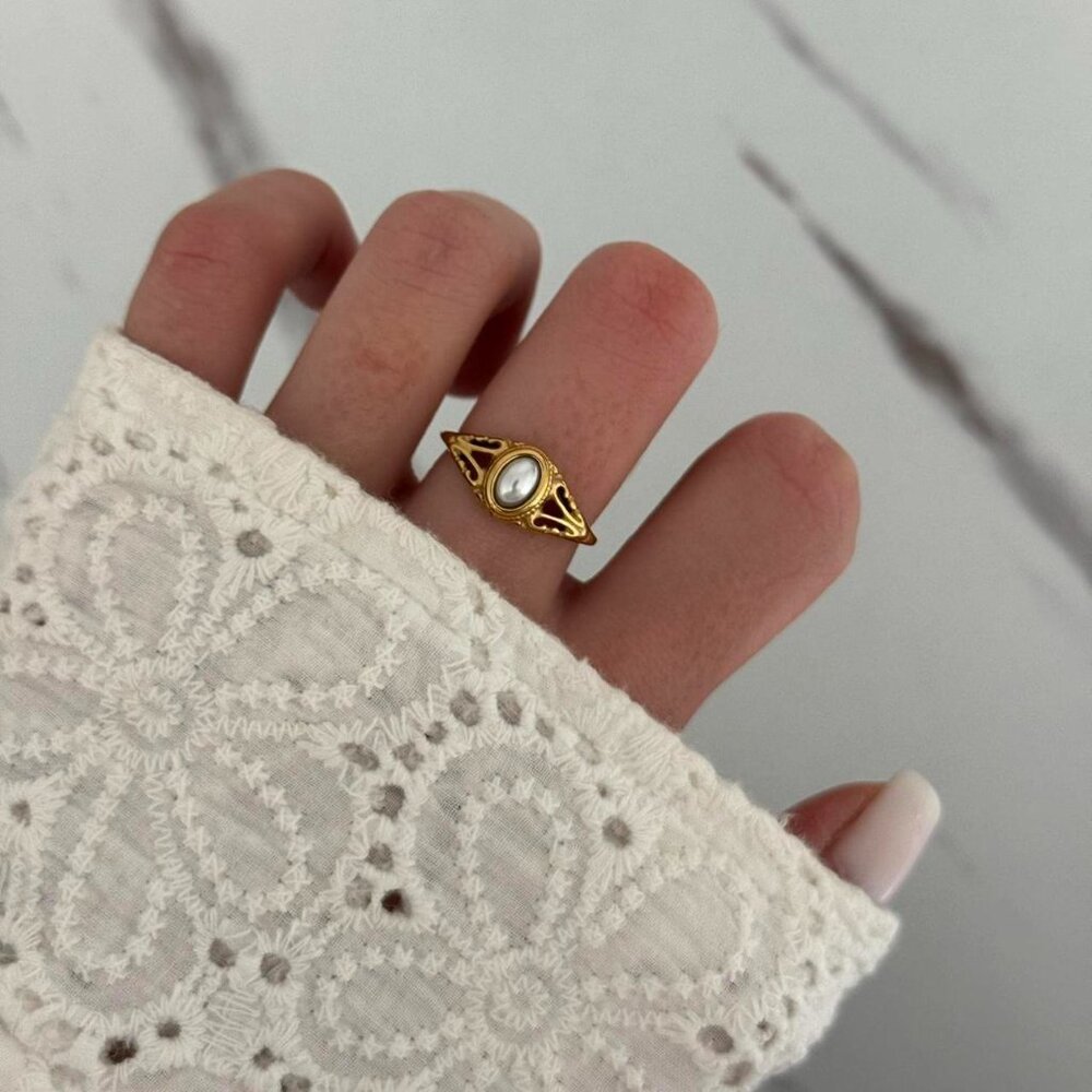 Sku0471 Retro Gold White Pearl Gemstone Women Fashion‎ Statement Ring + gift bag